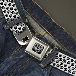 BD Wings Logo CLOSE-UP Full Color Black Silver Seatbelt Belt - Paw Print White/Black Webbing