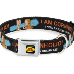 BEAVIS AND BUTT-HEAD Title Logo Full Color Black/Yellow/Red Seatbelt Buckle Collar - Beavis and Butt-Head I AM CORNHOLIO Pose Black/Orange/White