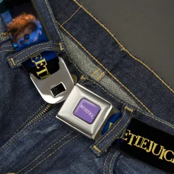 BEETLEJUICE Text Logo Full Color Purple/White Seatbelt Belt - BEETLEJUICE Title Logo and Expressions Black Webbing