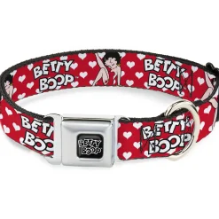 BETTY BOOP Text Heart Logo Full Color Black/White Seatbelt Buckle Collar - BETTY BOOP Seated Leg Kick Pose and Text Hearts Red/White/Black
