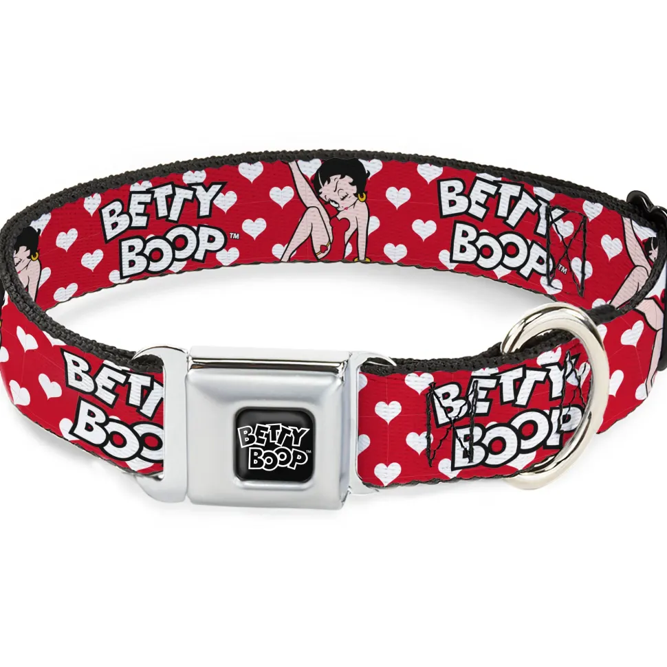 BETTY BOOP Text Heart Logo Full Color Black/White Seatbelt Buckle Collar - BETTY BOOP Seated Leg Kick Pose and Text Hearts Red/White/Black