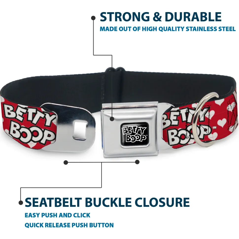 BETTY BOOP Text Heart Logo Full Color Black/White Seatbelt Buckle Collar - BETTY BOOP Seated Leg Kick Pose and Text Hearts Red/White/Black