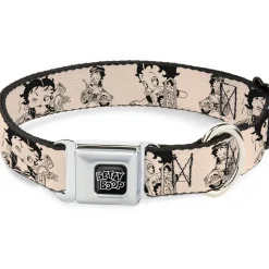 BETTY BOOP Text Heart Logo Full Color Black/White Seatbelt Buckle Collar - Betty Boop Biker Betty Poses Beige/Black