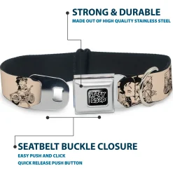 BETTY BOOP Text Heart Logo Full Color Black/White Seatbelt Buckle Collar - Betty Boop Biker Betty Poses Beige/Black