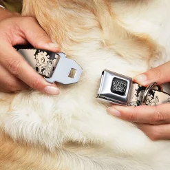 BETTY BOOP Text Heart Logo Full Color Black/White Seatbelt Buckle Collar - Betty Boop Biker Betty Poses Beige/Black