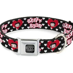 BETTY BOOP Text Heart Logo Full Color Black/White Seatbelt Buckle Collar - BETTY BOOP Face and Text Hearts Black/White/Red