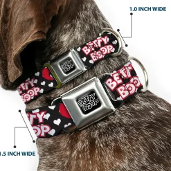 BETTY BOOP Text Heart Logo Full Color Black/White Seatbelt Buckle Collar - BETTY BOOP Face and Text Hearts Black/White/Red