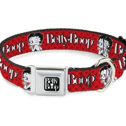 BETTY BOOP Text Heart Logo Full Color Black/White Seatbelt Buckle Collar - BETTY BOOP Winking Kiss Pose and Text Reds/Black/White