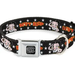BETTY BOOP Text Heart Logo Full Color Black/White Seatbelt Buckle Collar - BETTY BOOP Salute Pose and Text Stars Black/White/Yellow/Red