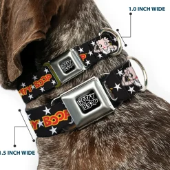 BETTY BOOP Text Heart Logo Full Color Black/White Seatbelt Buckle Collar - BETTY BOOP Salute Pose and Text Stars Black/White/Yellow/Red