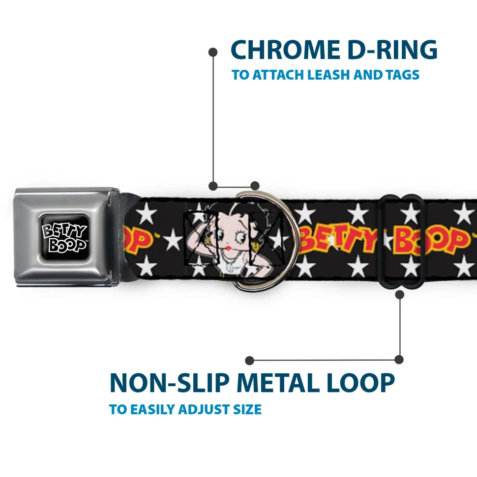 BETTY BOOP Text Heart Logo Full Color Black/White Seatbelt Buckle Collar - BETTY BOOP Salute Pose and Text Stars Black/White/Yellow/Red