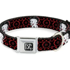 BETTY BOOP Text Heart Logo Full Color Black/White Seatbelt Buckle Collar - Betty Boop Winking Kiss Pose with XOXO Text Polka Dot Black/Red/White