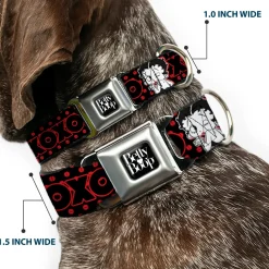 BETTY BOOP Text Heart Logo Full Color Black/White Seatbelt Buckle Collar - Betty Boop Winking Kiss Pose with XOXO Text Polka Dot Black/Red/White