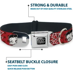 BETTY BOOP Text Heart Logo Full Color Black/White Seatbelt Buckle Collar - BETTY BOOP Face and Text Polka Dot Reds/Black/White