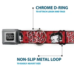 BETTY BOOP Text Heart Logo Full Color Black/White Seatbelt Buckle Collar - BETTY BOOP Face and Text Polka Dot Reds/Black/White