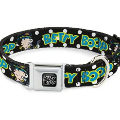 BETTY BOOP Text Heart Logo Full Color Black/White Seatbelt Buckle Collar - BETTY BOOP Biker Betty Winking and Text Polka Dot Black/White/Yellow/Blue