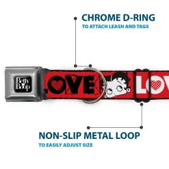 BETTY BOOP Text Heart Logo Full Color Black/White Seatbelt Buckle Collar - Betty Boop Face and LOVE Text Red/Black/White