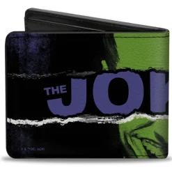 Bi-Fold Wallet - THE JOKER Smiling Pose and Text Over Eyes Black/Purples/Greens