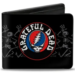 Bi-Fold Wallet - GRATEFUL DEAD Steal Your Face Logo Dancing Skeletons Black Gray Red White Blue