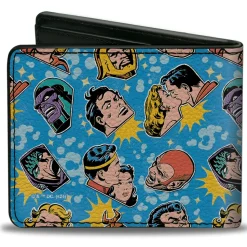 Bi-Fold Wallet - Vintage Superman Supergirl and Villains Faces Scattered Blues