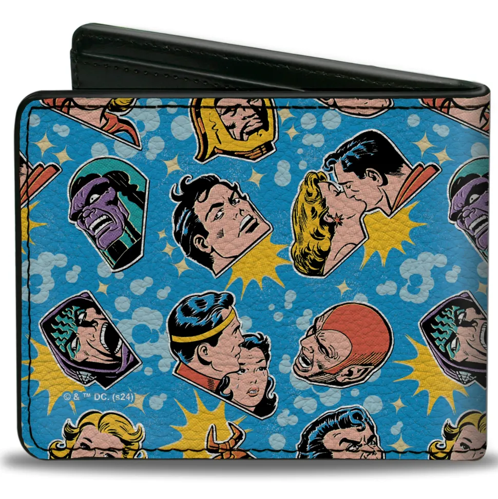 Bi-Fold Wallet - Vintage Superman Supergirl and Villains Faces Scattered Blues