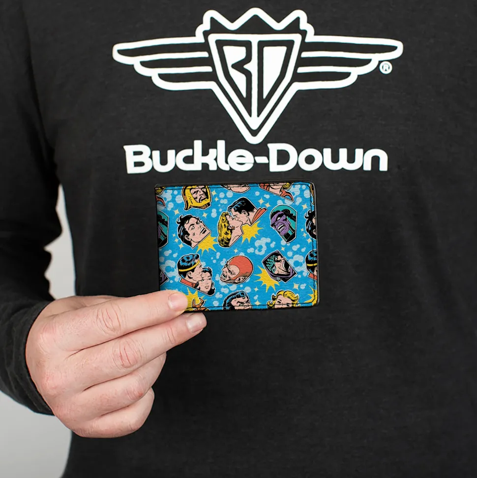 Bi-Fold Wallet - Vintage Superman Supergirl and Villains Faces Scattered Blues