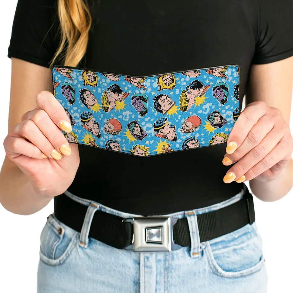 Bi-Fold Wallet - Vintage Superman Supergirl and Villains Faces Scattered Blues