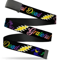Black Buckle Web Belt - Grateful Dead Script w/Bears & Skeletons Black/Multi Color Webbing