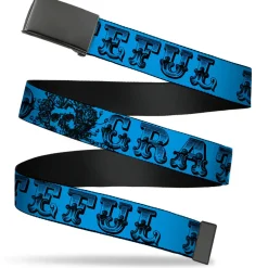Black Buckle Web Belt - Grateful Dead Text w/Skull & Roses Turquoise Webbing