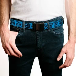 Black Buckle Web Belt - Grateful Dead Text w/Skull & Roses Turquoise Webbing