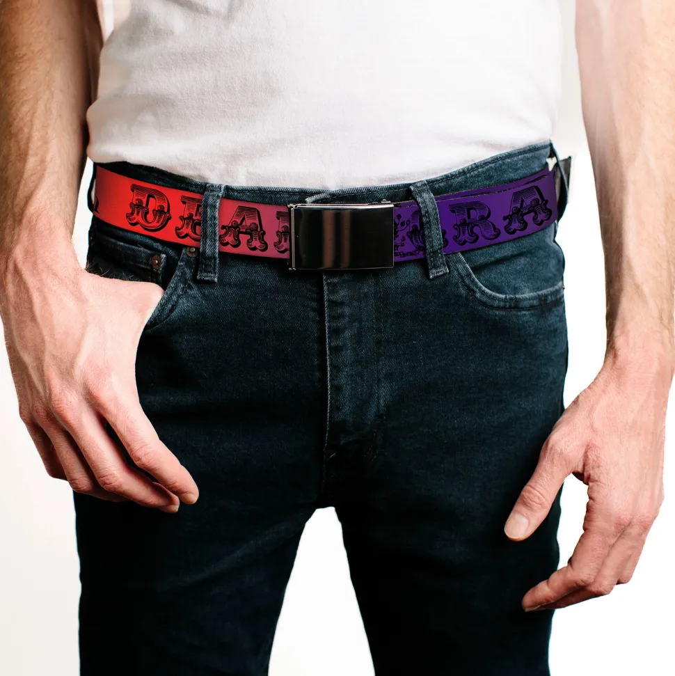 Black Buckle Web Belt - Grateful Dead Text w/Skull & Roses Rainbow Fade Webbing