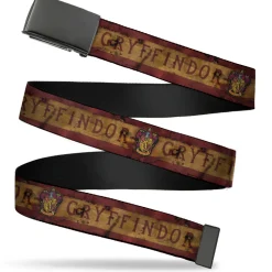Black Buckle Web Belt - GRYFFINDOR Crest/Banner Weathered Burgundy/Tan Webbing