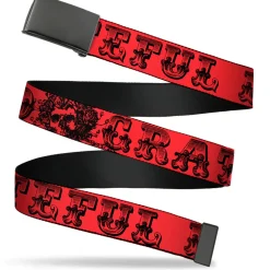 Black Buckle Web Belt - Grateful Dead Text w/Skull & Roses Red Webbing