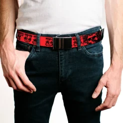 Black Buckle Web Belt - Grateful Dead Text w/Skull & Roses Red Webbing