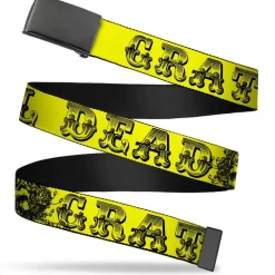 Black Buckle Web Belt - Grateful Dead Text w/Skull & Roses Yellow Webbing