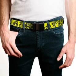 Black Buckle Web Belt - Grateful Dead Text w/Skull & Roses Yellow Webbing