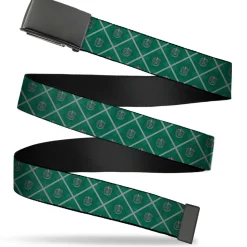 Black Buckle Web Belt - Harry Potter Slytherin Crest Plaid Greens/Gray Webbing
