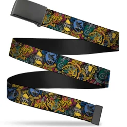 Black Buckle Web Belt - Harry Potter Hogwarts & 4-House Crests Stacked Webbing