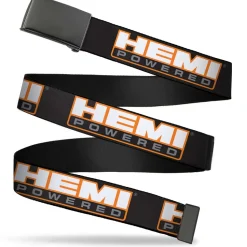 Black Buckle Web Belt - HEMI POWERED Logo Repeat Black/Orange/White/Gray Webbing