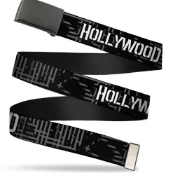 Black Buckle Web Belt - HOLLYWOOD UNDEAD Text Logo/Striping Black/Gray/White Webbing