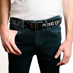 Black Buckle Web Belt - HOLLYWOOD UNDEAD Text Logo/Striping Black/Gray/White Webbing