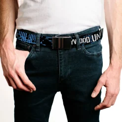 Black Buckle Web Belt - HOLLYWOOD UNDEAD Text Logo/Striping Black/Blue/White Webbing