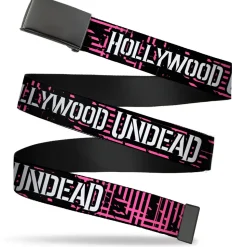 Black Buckle Web Belt - HOLLYWOOD UNDEAD Text Logo/Striping Black/Pink/White Webbing