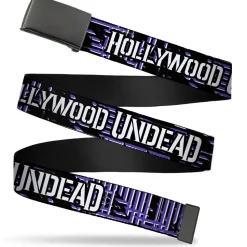 Black Buckle Web Belt - HOLLYWOOD UNDEAD Text Logo/Striping Black/Purple/White Webbing