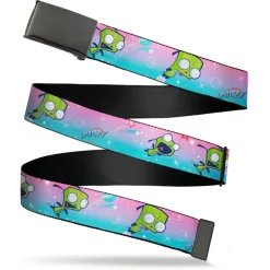Black Buckle Web Belt - Invader Zim GIR Flying SPACEY Poses and Stars Pinks/Blues Webbing