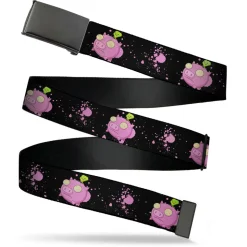 Black Buckle Web Belt - Invader Zim GIR and Piggy Flying Pose Splatter Black/Pink Webbing