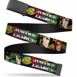 Black Buckle Web Belt - JUSTICE LEAGUE Logo/4-Superhero Panels Pop Art Webbing