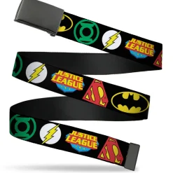 Black Buckle Web Belt - Justice League Superhero Logos CLOSE-UP Black Webbing