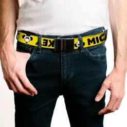 Black Buckle Web Belt - MICKEY Smiling Up Pose Flip/Buttons Yellow/Black/Red Webbing