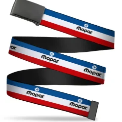 Black Buckle Web Belt - MOPAR Logo/Stripe Blue/White/Red Webbing